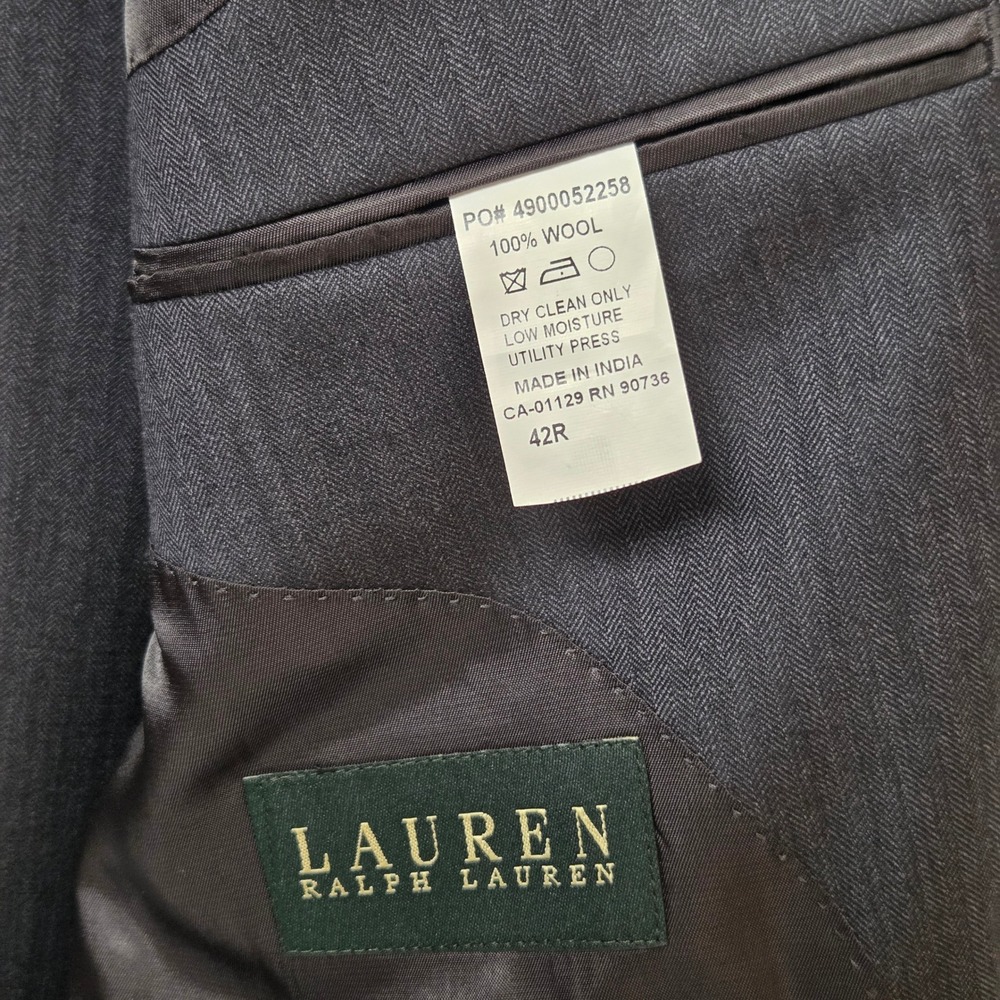 Lauren Ralph Lauren 42R 36W Charcoal Herringbone Wool Suit 2-Button Notch Lapel - Picture 3 of 16